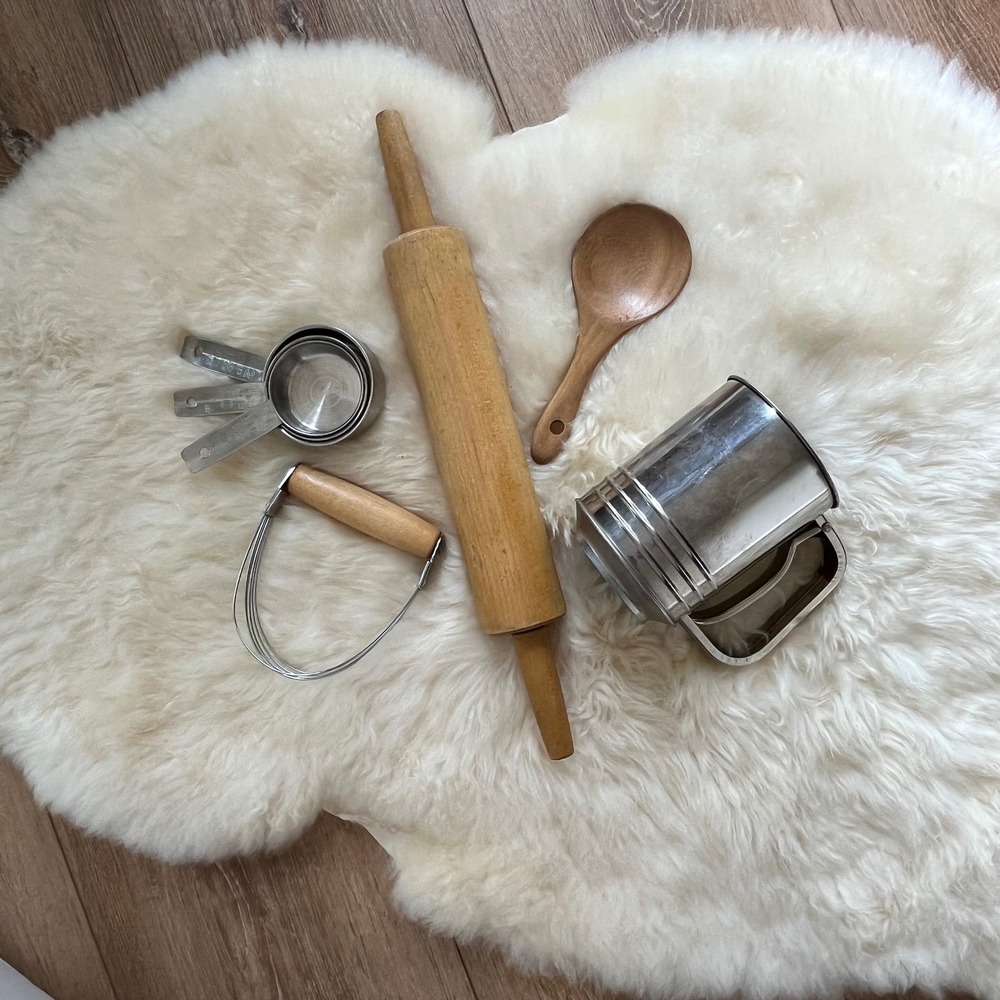 Vintage Baking Utensil Lot 5pc Wooden Rolling Pin Pastry Blender Flour Sifter